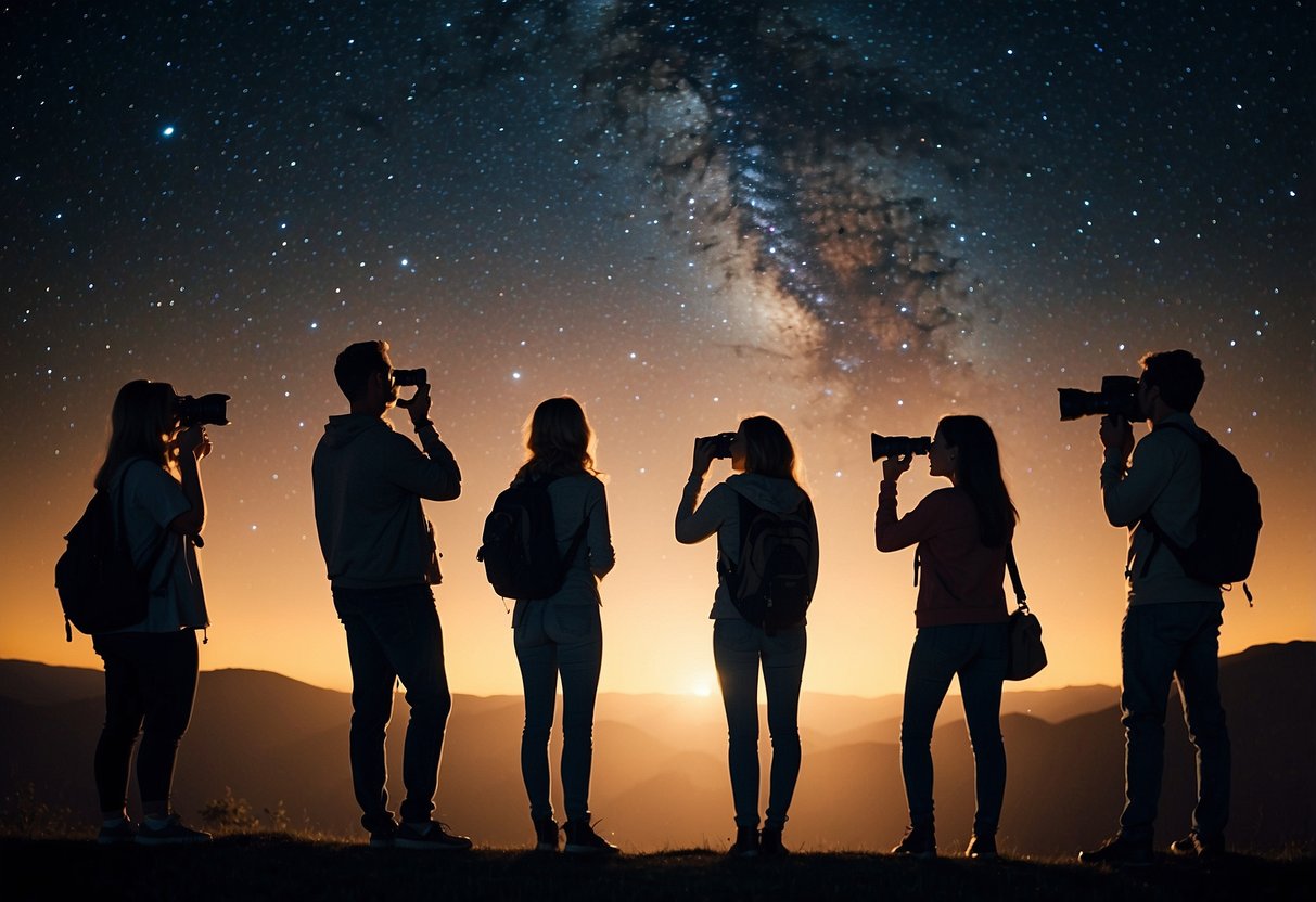 A group of stargazing enthusiasts gather online, sharing telescopic views and discussing celestial events. They exchange tips and advice on the best locations for stargazing and share awe-inspiring images of the night sky