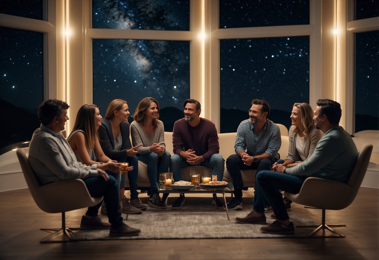 A group of stargazing enthusiasts gather online in a virtual lounge, sharing their passion for astronomy and discussing the best ways to observe the night sky