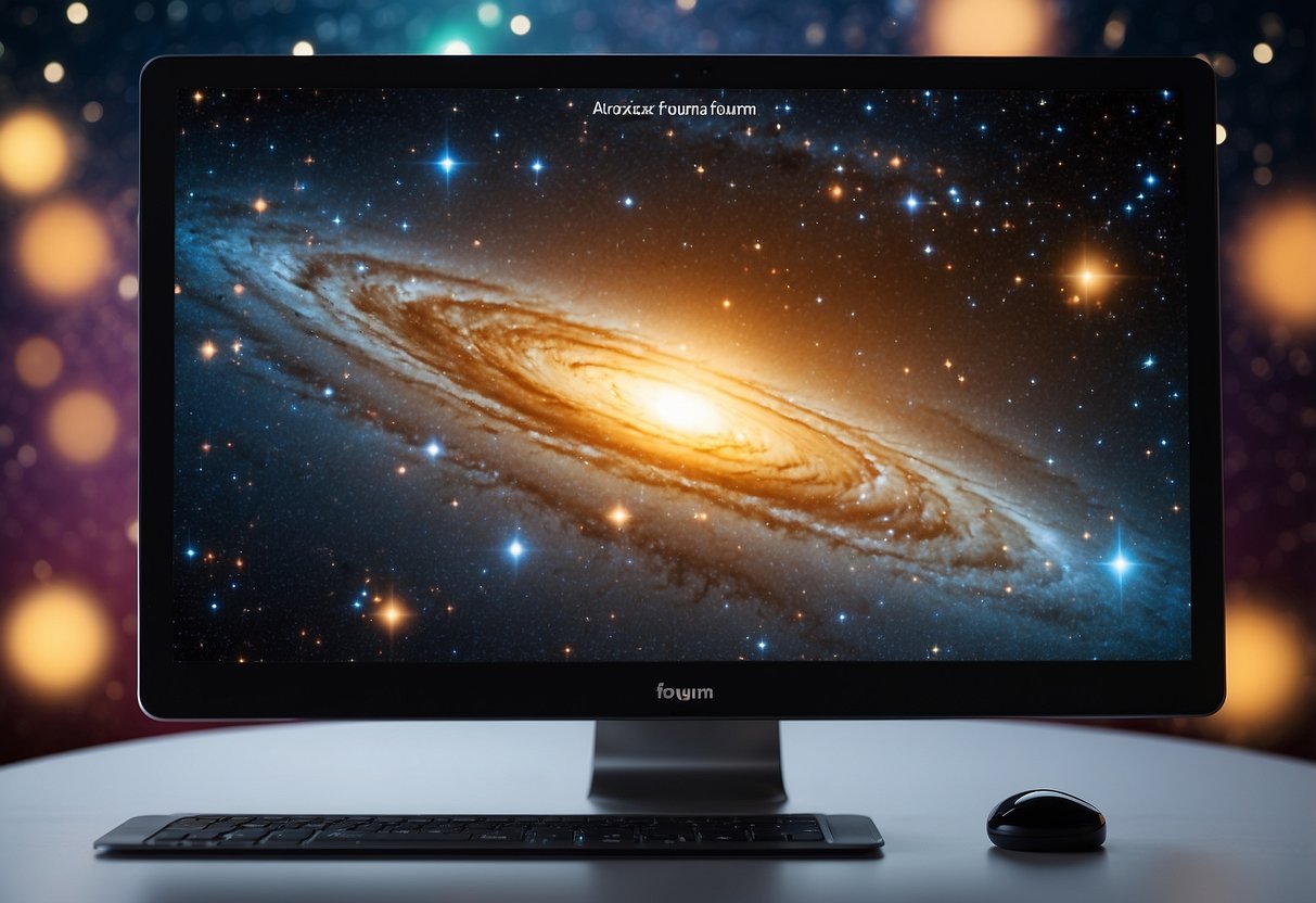 A computer screen with 5 tabs open, each displaying a different online astronomy forum. Bright stars and galaxies are visible in the background