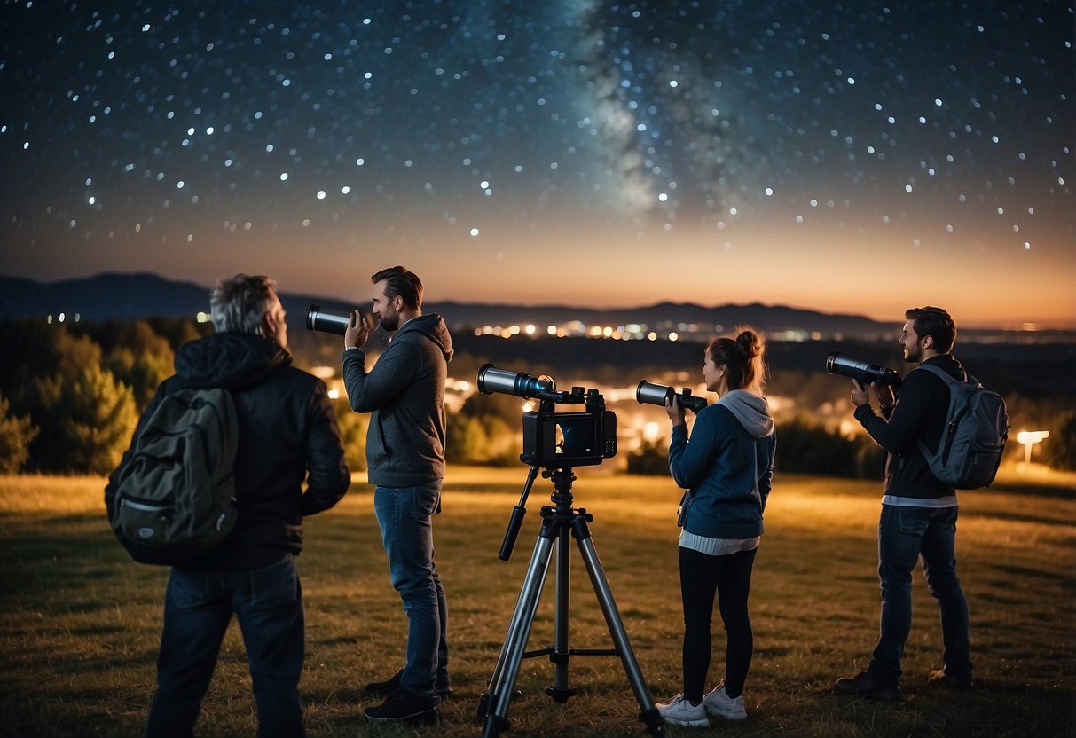 A group of telescopes pointed towards the night sky, with a community of stargazing enthusiasts gathered around, sharing knowledge and excitement