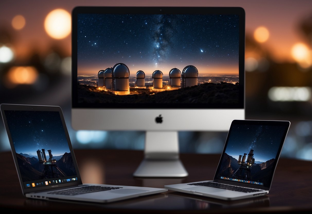 A group of telescopes pointed towards the night sky, with online community logos displayed on screens nearby