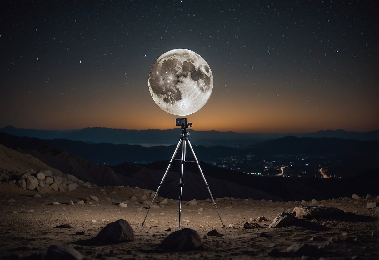 The moon hangs low in the night sky, casting a soft glow over the landscape. A camera is set up on a tripod, capturing the details of the cratered surface. Stars twinkle in the background