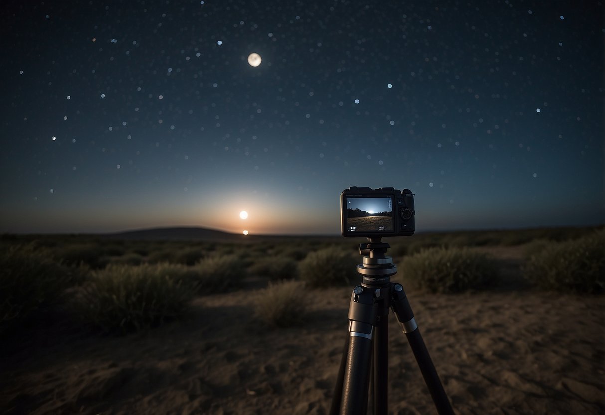 A camera on a tripod points upwards at the moon, surrounded by a dark sky filled with stars. The moon is the focal point, with the camera and tripod in the foreground