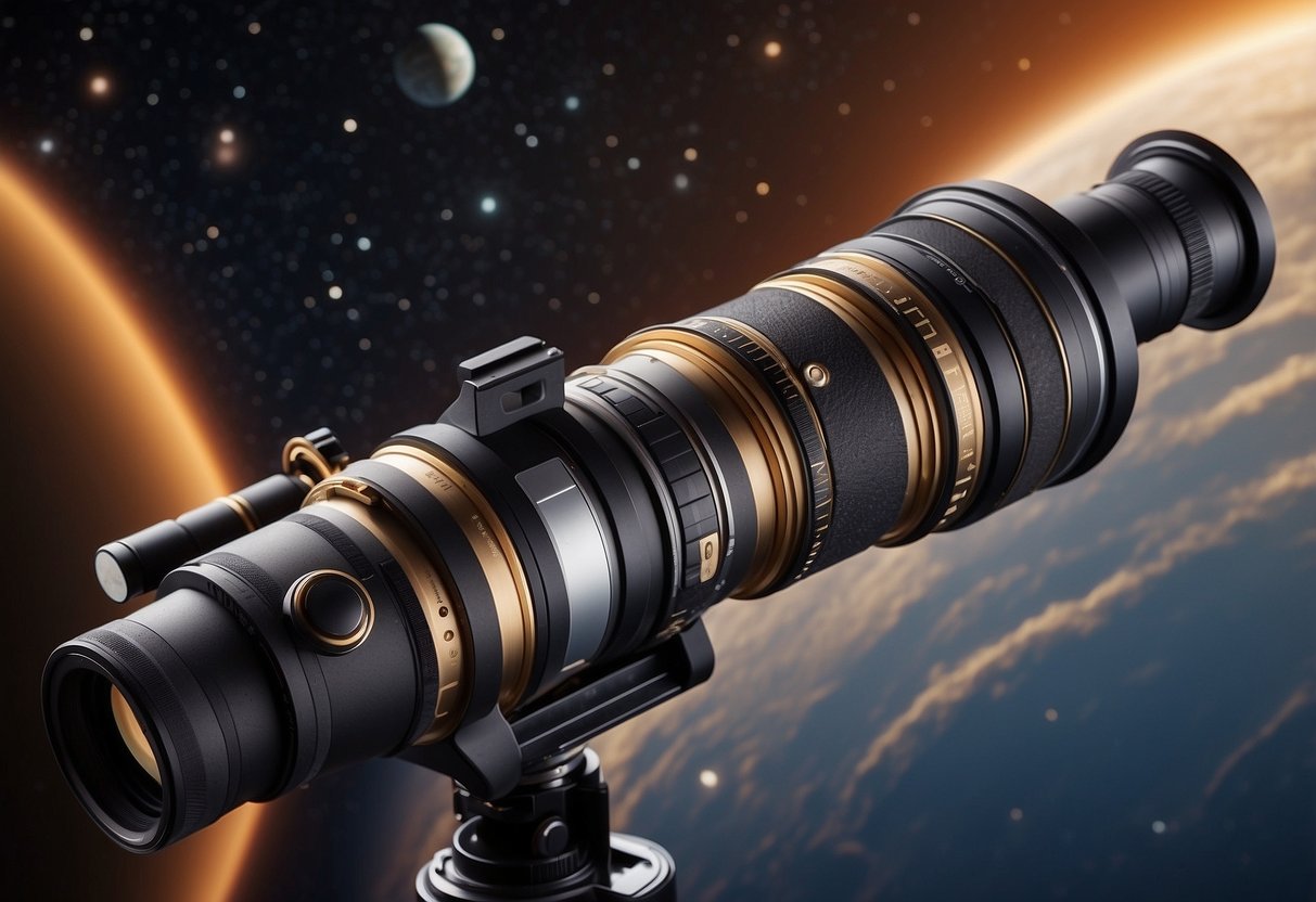 A telescope with high magnification focuses on planets. Techniques include adjusting focus, using filters, and tracking planetary movement