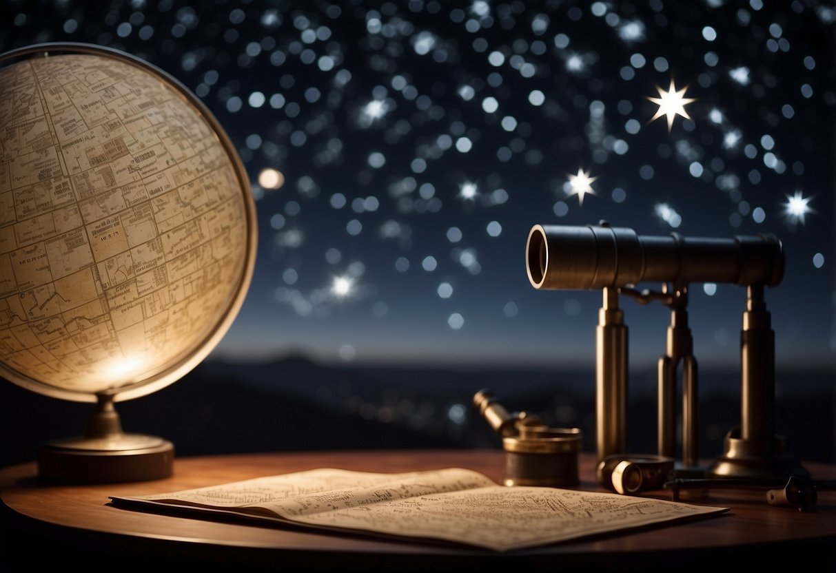 A star map laid out on a table, surrounded by observation tools and a telescope pointed towards the night sky