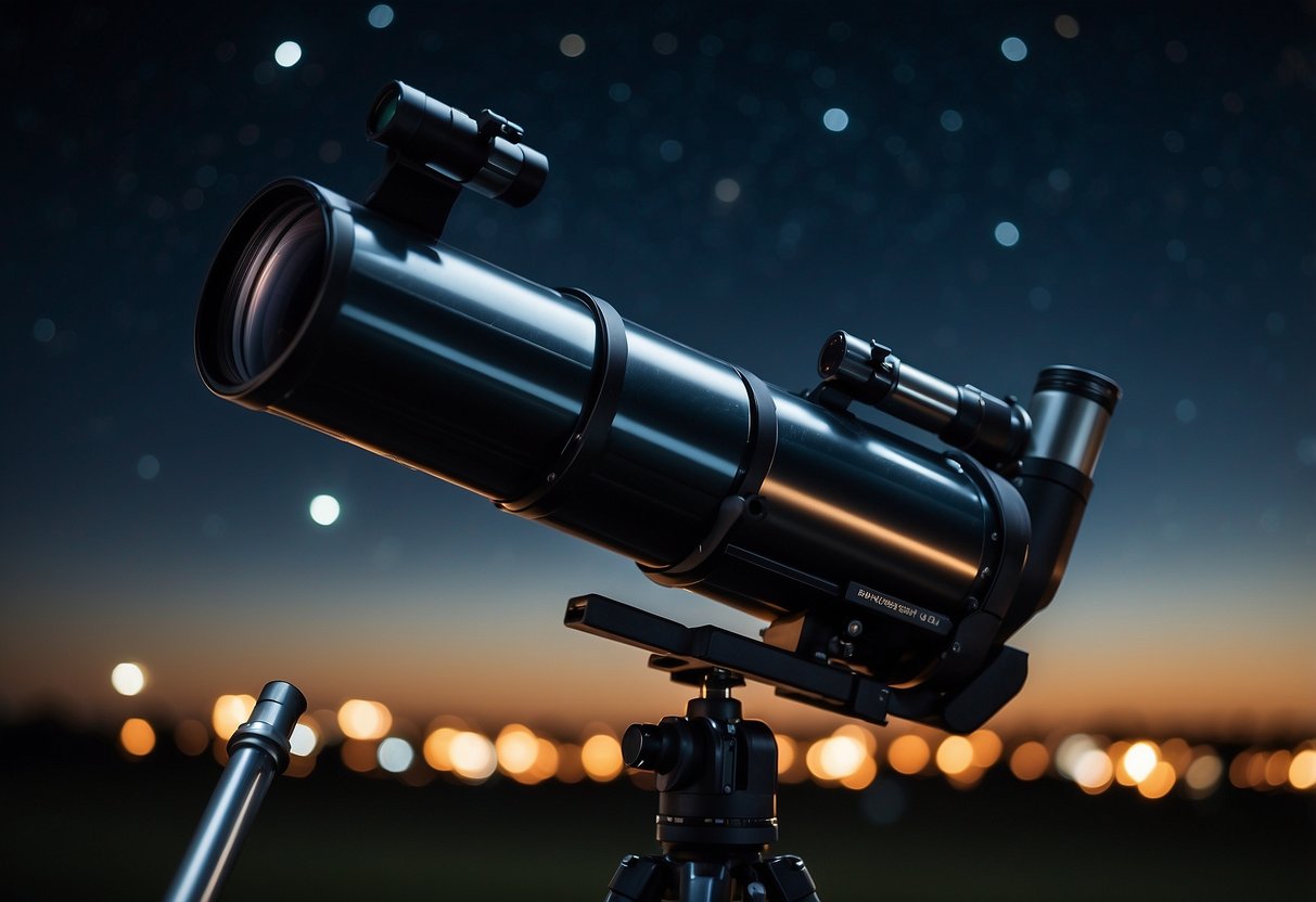 A telescope set up in a dark, open field, with city lights in the distance. The sky is clear, and the planets are visible