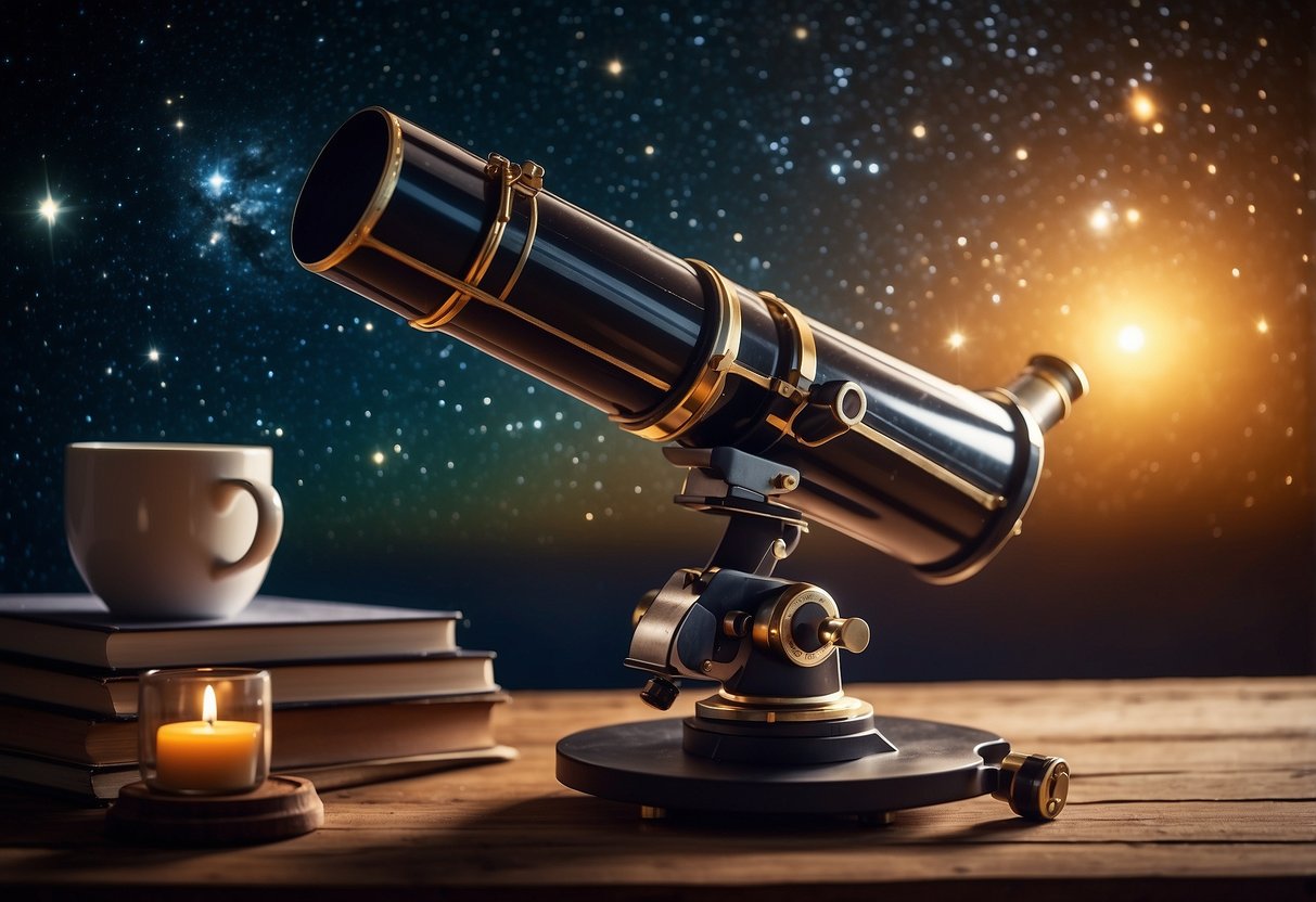 A telescope pointed at the night sky, a stack of books on astronomy, a computer with online courses, a planetarium display, and a group of people at an astronomy club meeting