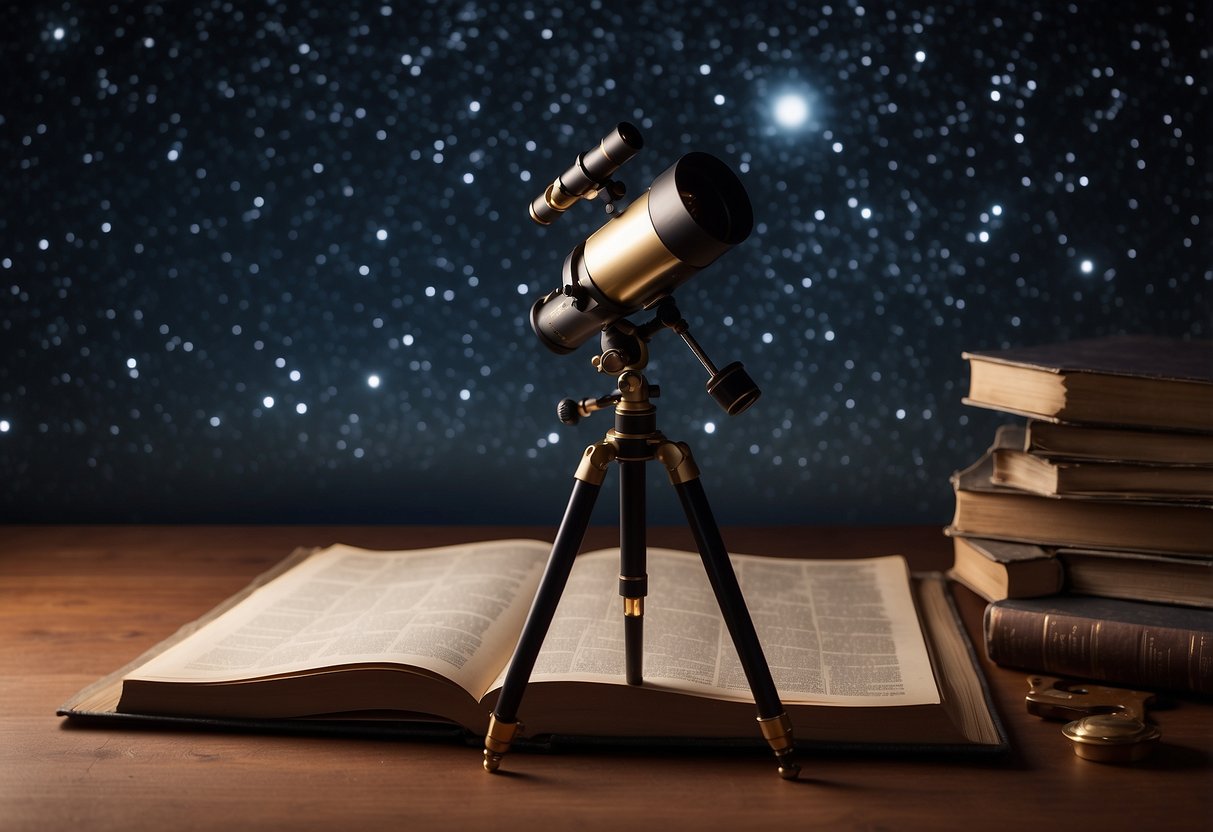 A telescope points towards the night sky, surrounded by star charts, books, and a laptop displaying astronomical data. An astronomer's tools and techniques are laid out, ready for exploration