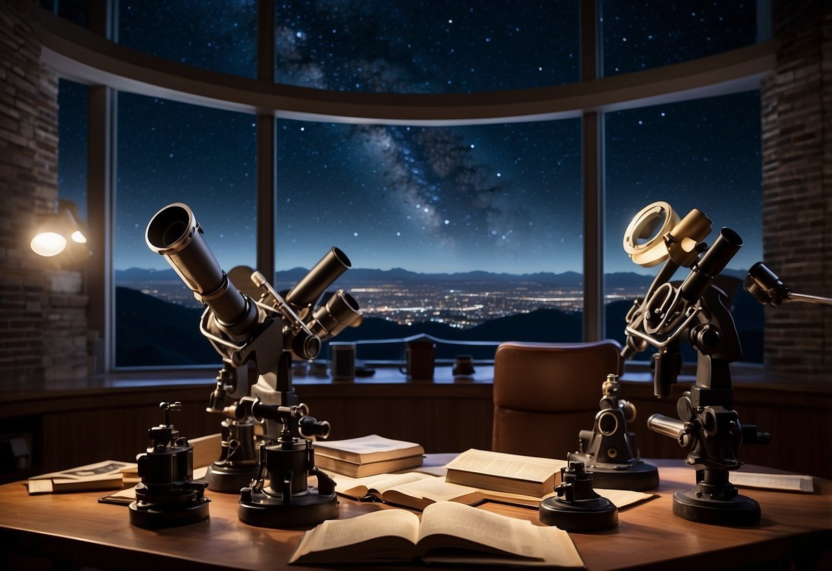 A group of telescopes pointed towards the night sky, surrounded by books, charts, and computers. A telescope observatory in the background