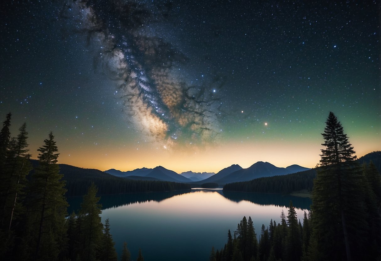 A mountain peak overlooking a vast, star-filled sky. A tranquil lake reflects the celestial display, surrounded by lush, dense forests