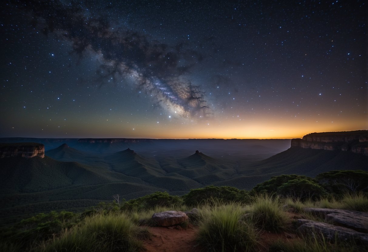 A vast, open expanse of the Chapada Diamantina in Brazil, with a clear night sky filled with twinkling stars, creating a perfect stargazing location