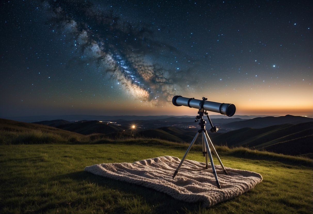 A telescope, star maps, and a cozy blanket lay on a grassy hill under a clear night sky. The Milky Way stretches across the horizon, with the Southern Cross constellation visible in the distance