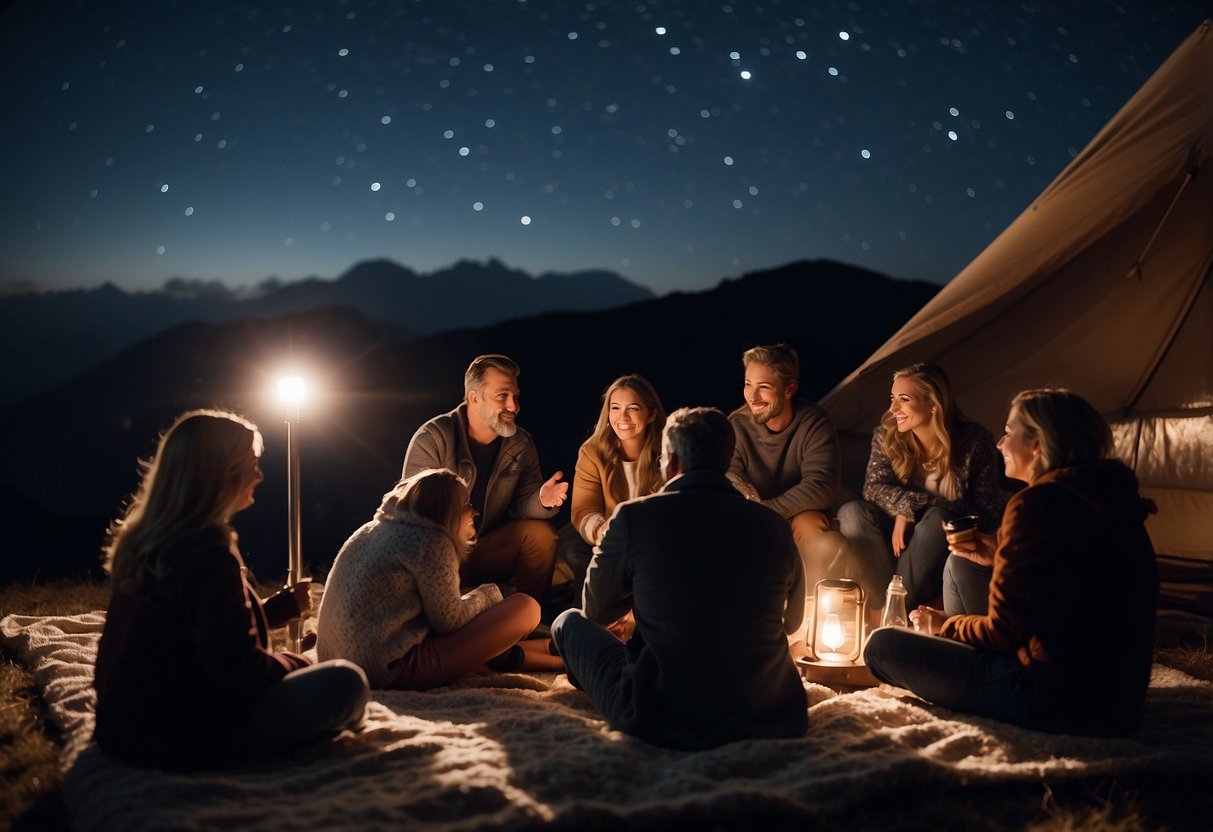 A group of people gather around a telescope, pointing up at a clear night sky. They sit on blankets, sipping hot drinks and chatting excitedly about the stars above