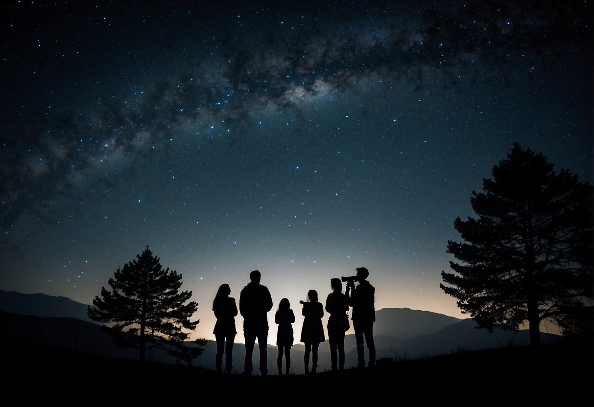 A group of people gather in a dark location, pointing and gazing up at the starry night sky. Telescopes and binoculars are scattered around, and the silhouettes of trees and hills frame the scene