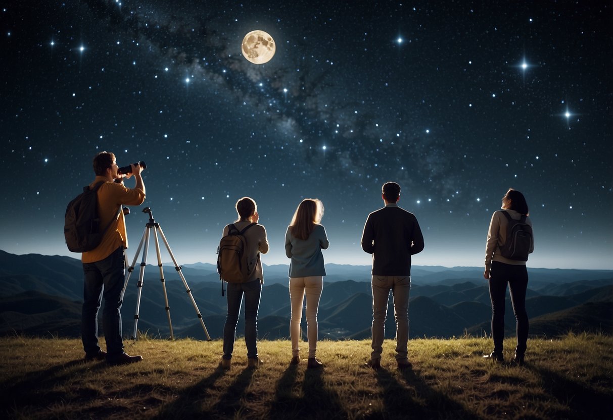 Clear night sky with twinkling stars, moon visible. Group of people gathered, pointing and gazing upwards. Some using telescopes or binoculars. No clouds in sight