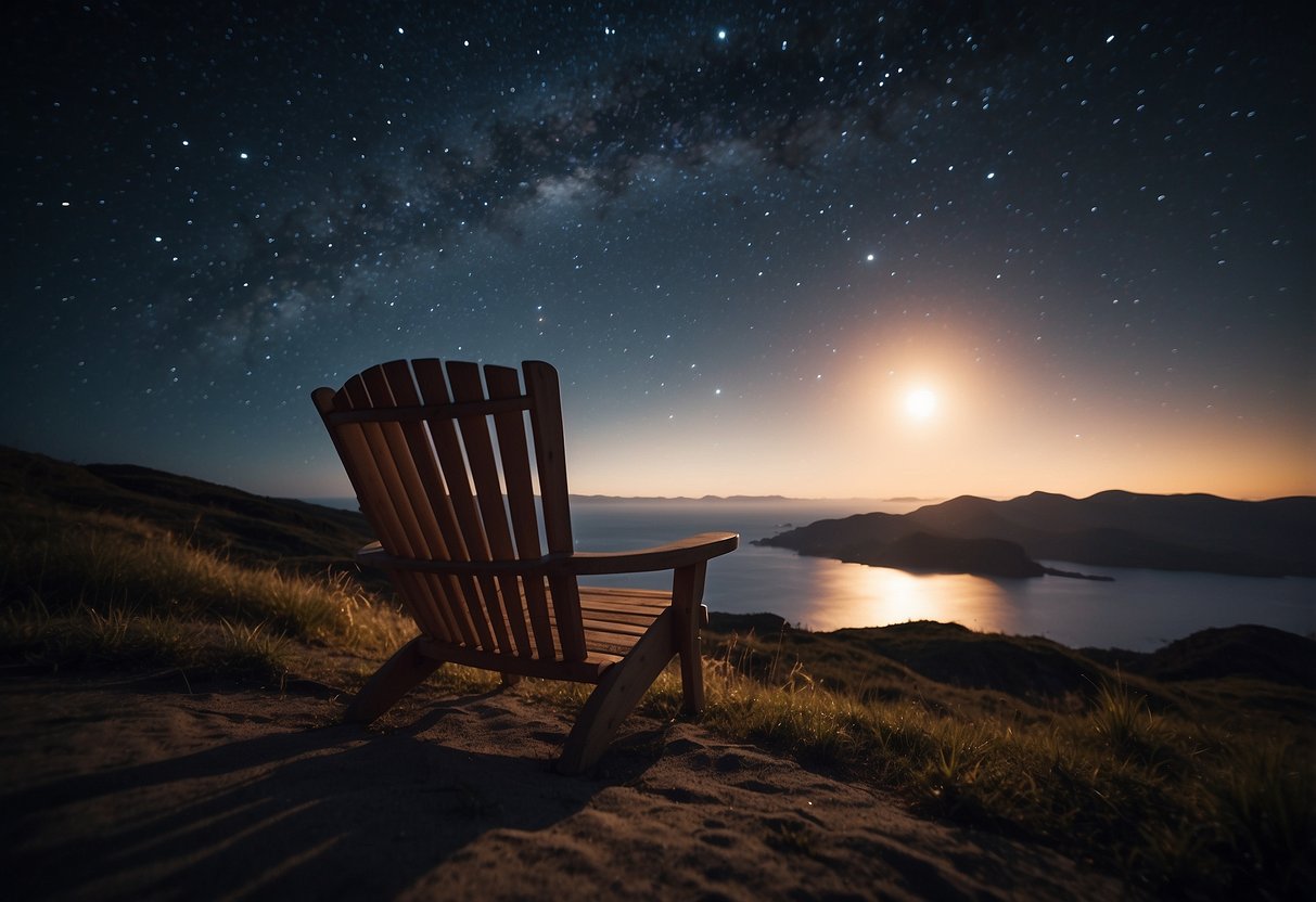 A cozy chair under the night sky. Surrounding it, a group of people pointing and gazing at the stars