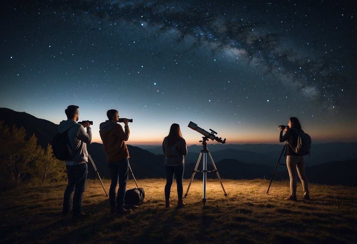 A group of people gather around telescopes, pointing and gazing at the night sky. The stars twinkle above, creating a sense of wonder and awe