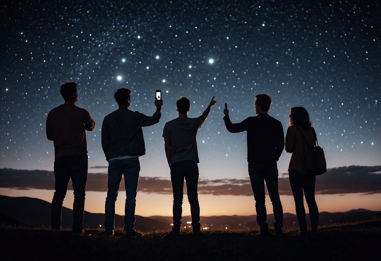 A group of people using a stargazing app, pointing out constellations in the night sky. Bright stars and a crescent moon illuminate the scene