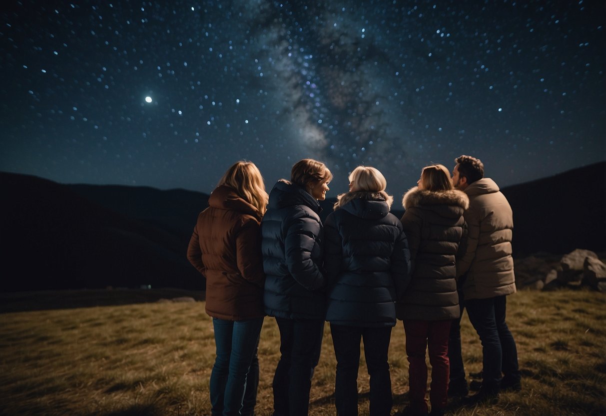 A group of people huddle together, wrapped in warm blankets and jackets, as they gaze up at the starry night sky. A telescope and binoculars sit nearby, ready for use