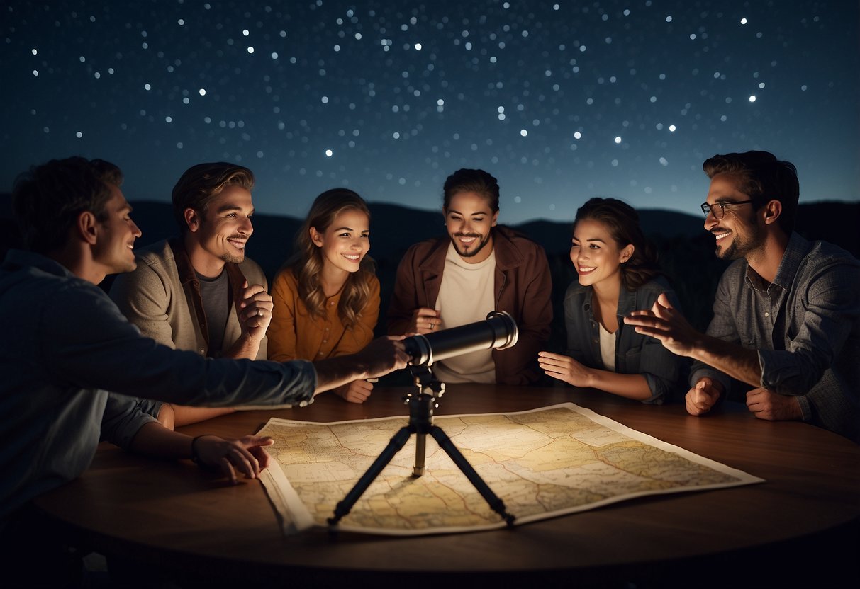 A group gathers around a telescope, pointing and gesturing excitedly at the night sky. A map and guidebook lay open on a table, as they plan their stargazing adventure