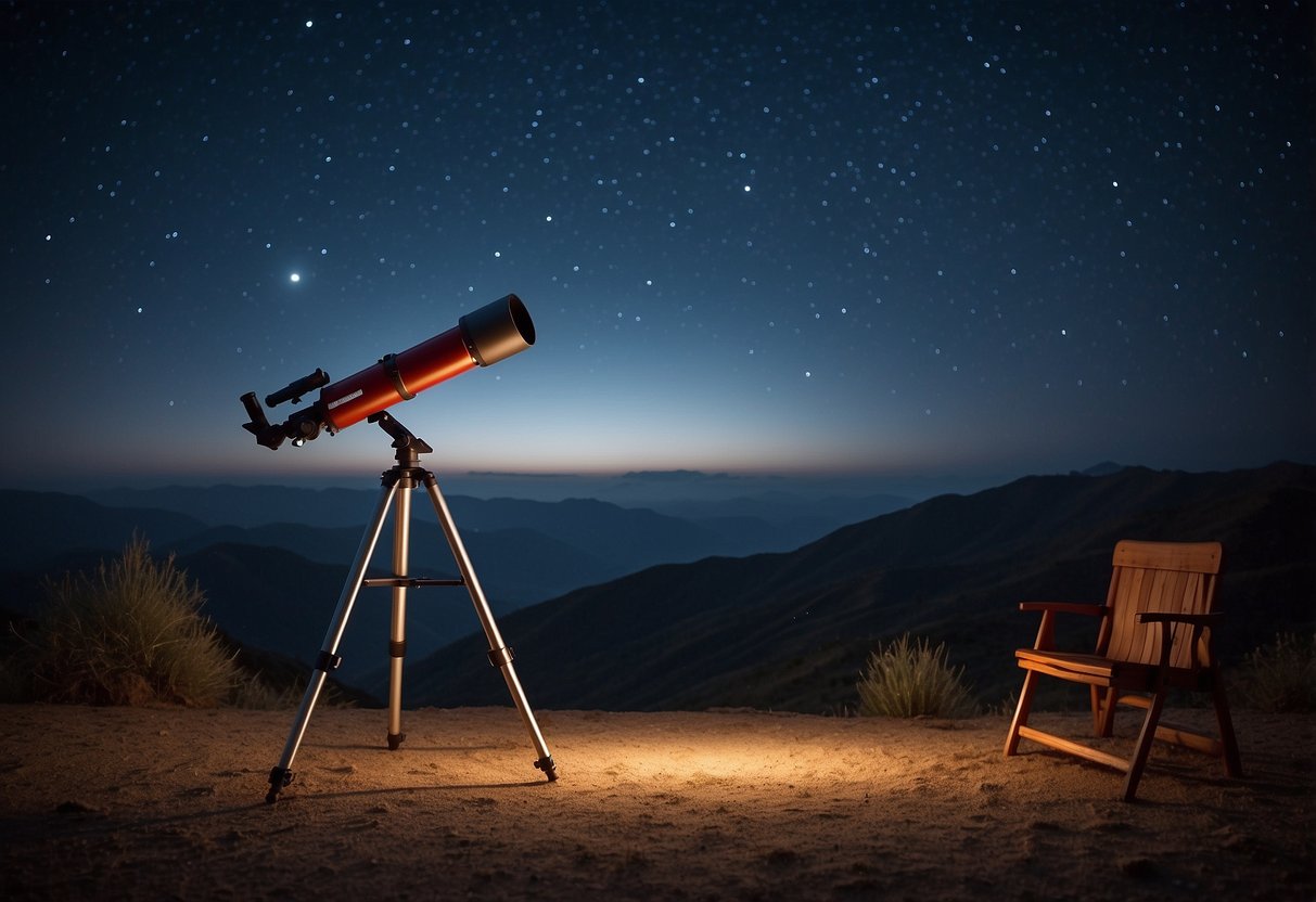 A telescope pointed towards the night sky, with a sturdy tripod, a comfortable observing chair, a red flashlight for preserving night vision, and a star chart for navigation