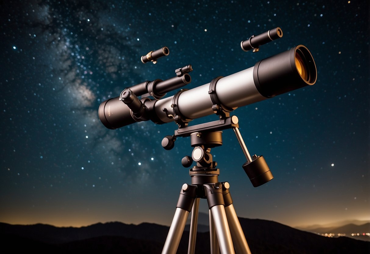 A telescope sits on a sturdy tripod, surrounded by a selection of accessories including eyepieces, filters, and a star chart. The night sky is clear and filled with twinkling stars