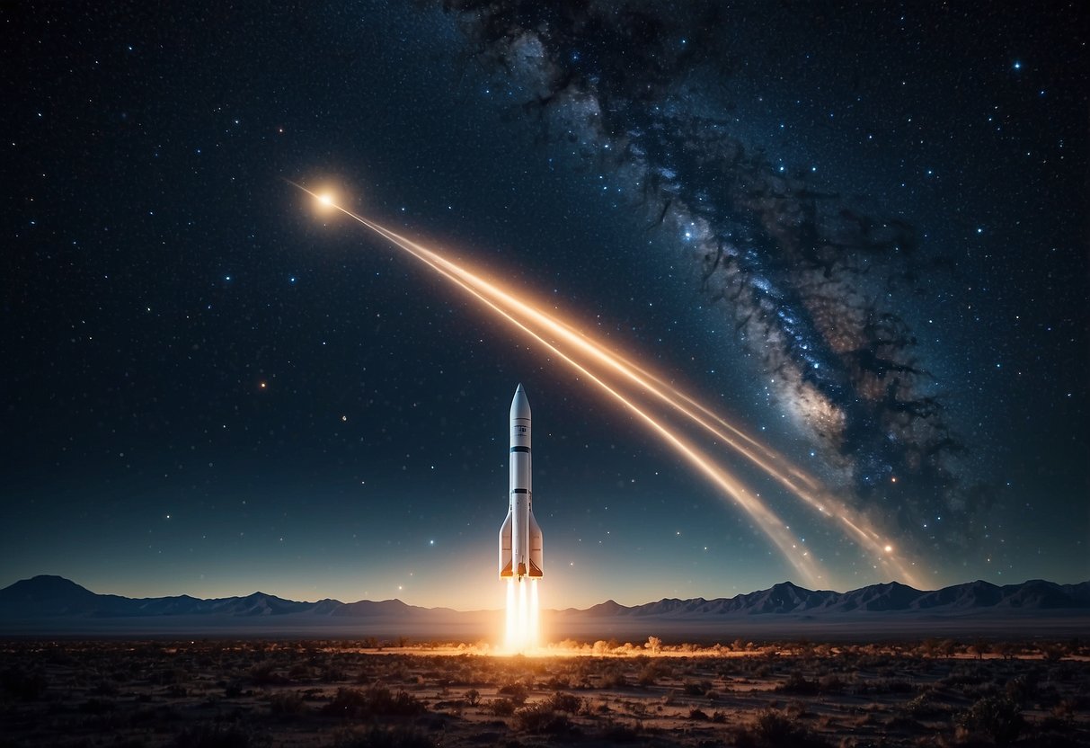 A rocket launches into the vast expanse of space, surrounded by twinkling stars and distant planets. A telescope peers into the cosmos, revealing the wonders of the universe