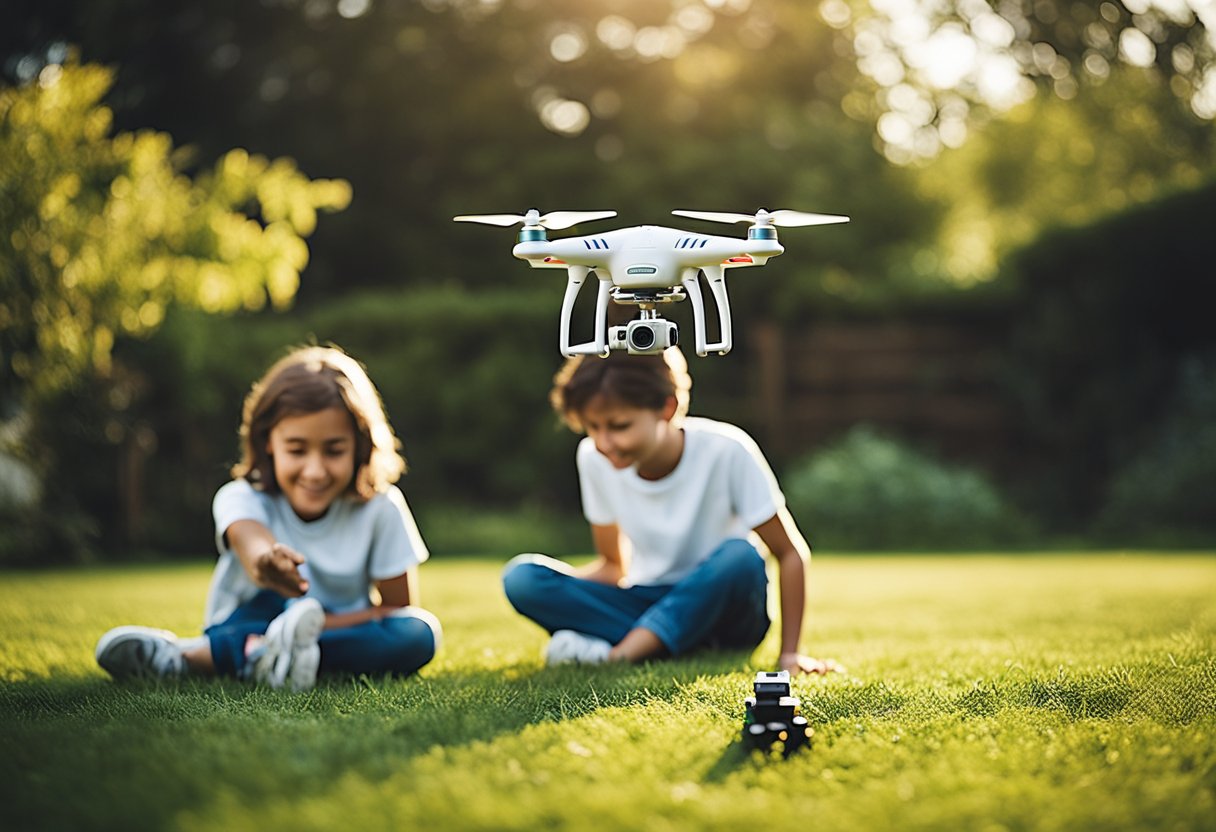 A 10-year-old child playing with a drone in a sunny backyard