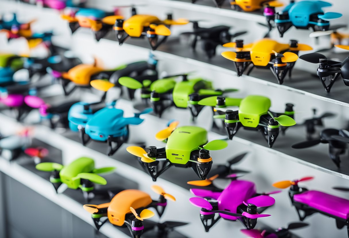 A group of colorful drones displayed on a shelf, with bright packaging and child-friendly designs