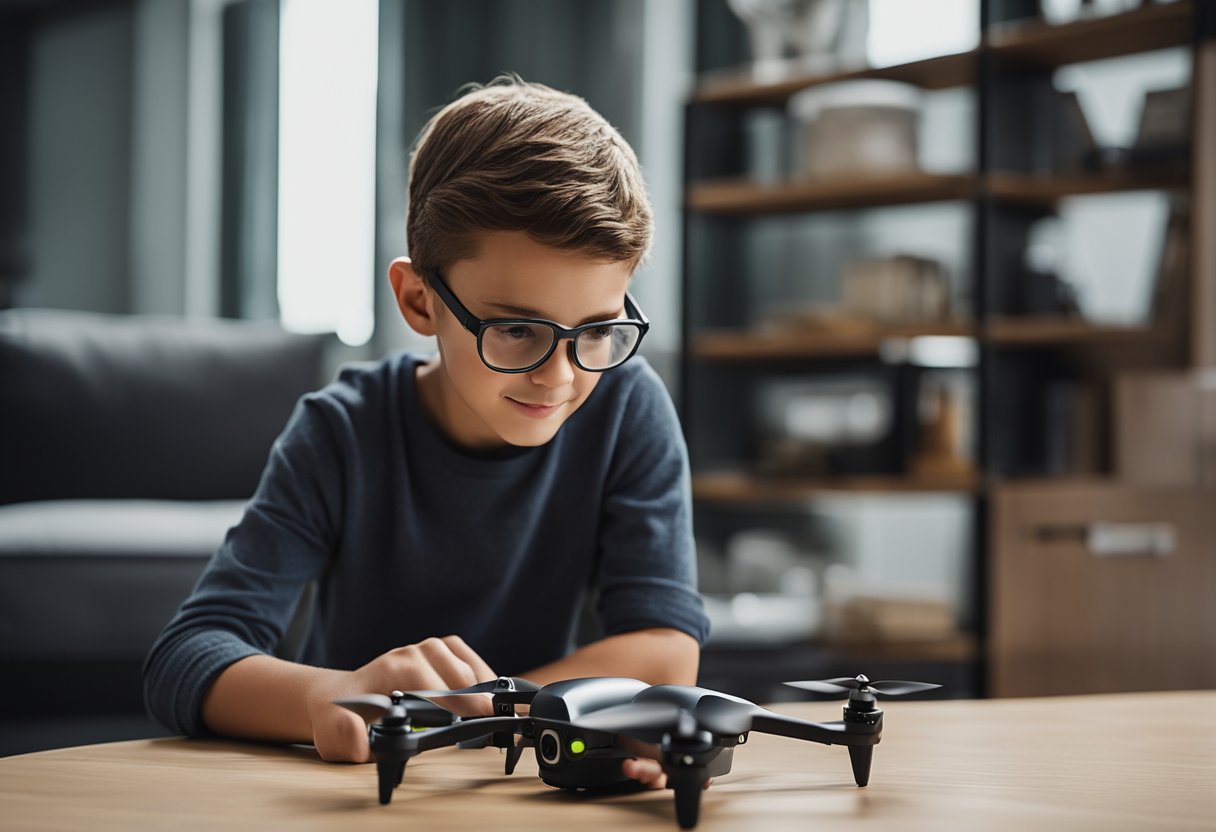 A 10-year-old child carefully selecting a drone from a variety of options, examining features and specifications with excitement and curiosity