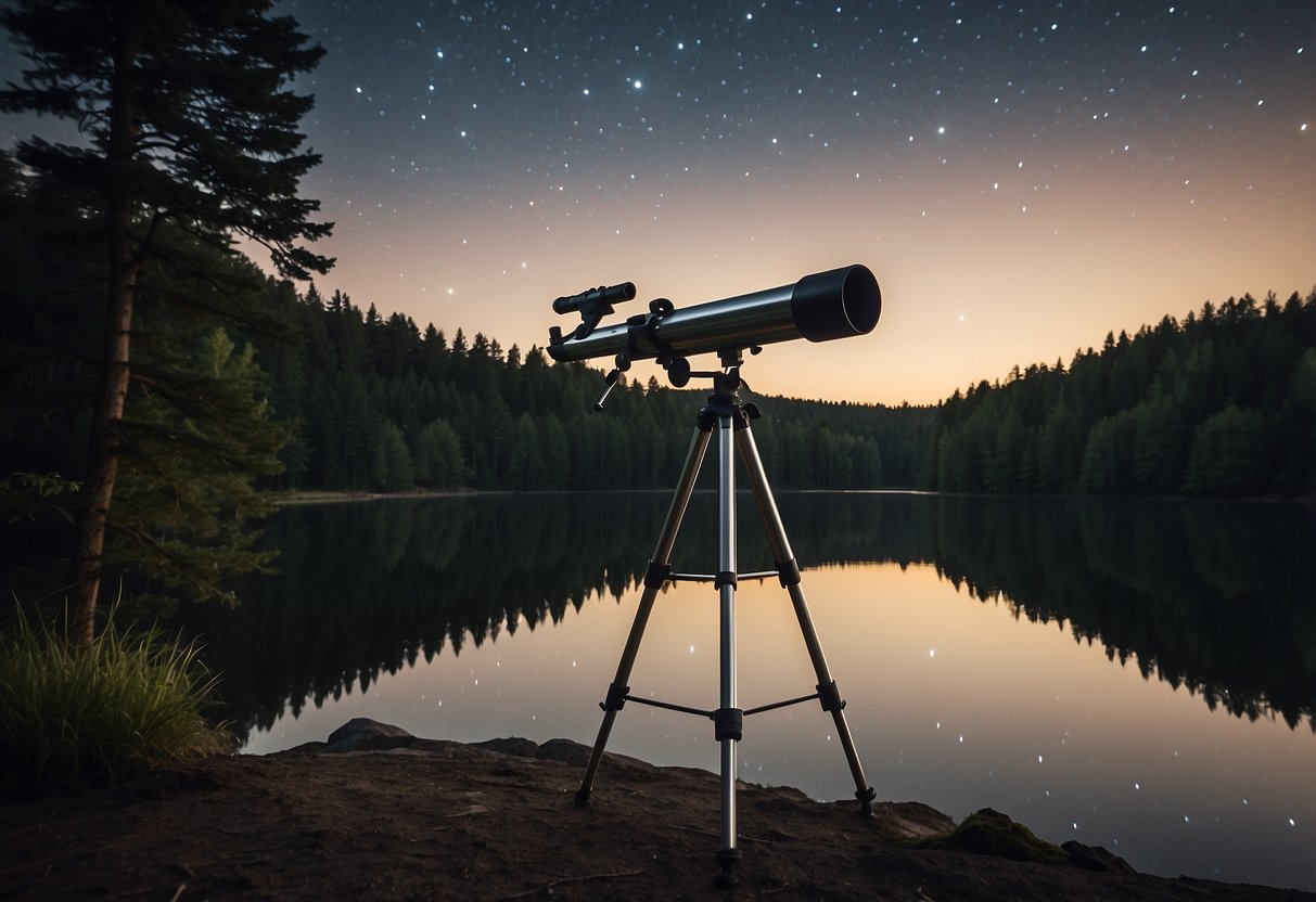 A calm lake reflects the night sky, with stars twinkling above. A telescope sits on a sturdy tripod, pointing towards the heavens. The surrounding trees cast long shadows in the moonlight