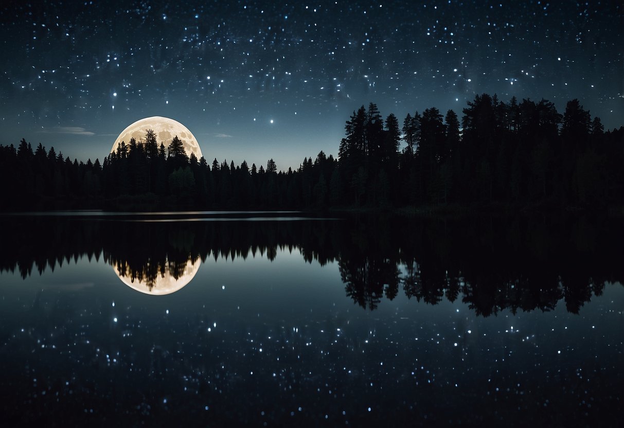 A calm lake reflects the starry sky. The moon casts a gentle glow on the water. Silhouettes of trees line the shore