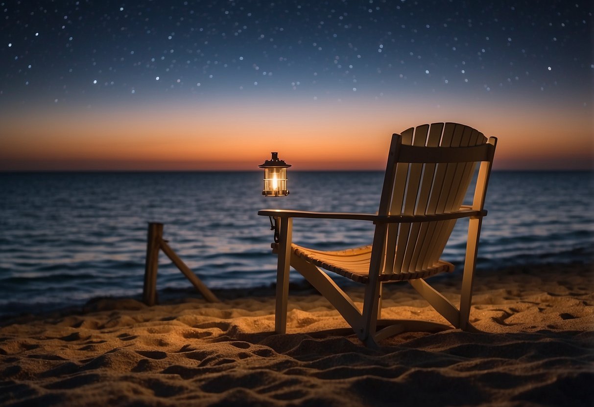 A cozy chair sits by the water's edge, facing the night sky. A telescope and stargazing guide rest nearby. Waves gently lap against the shore