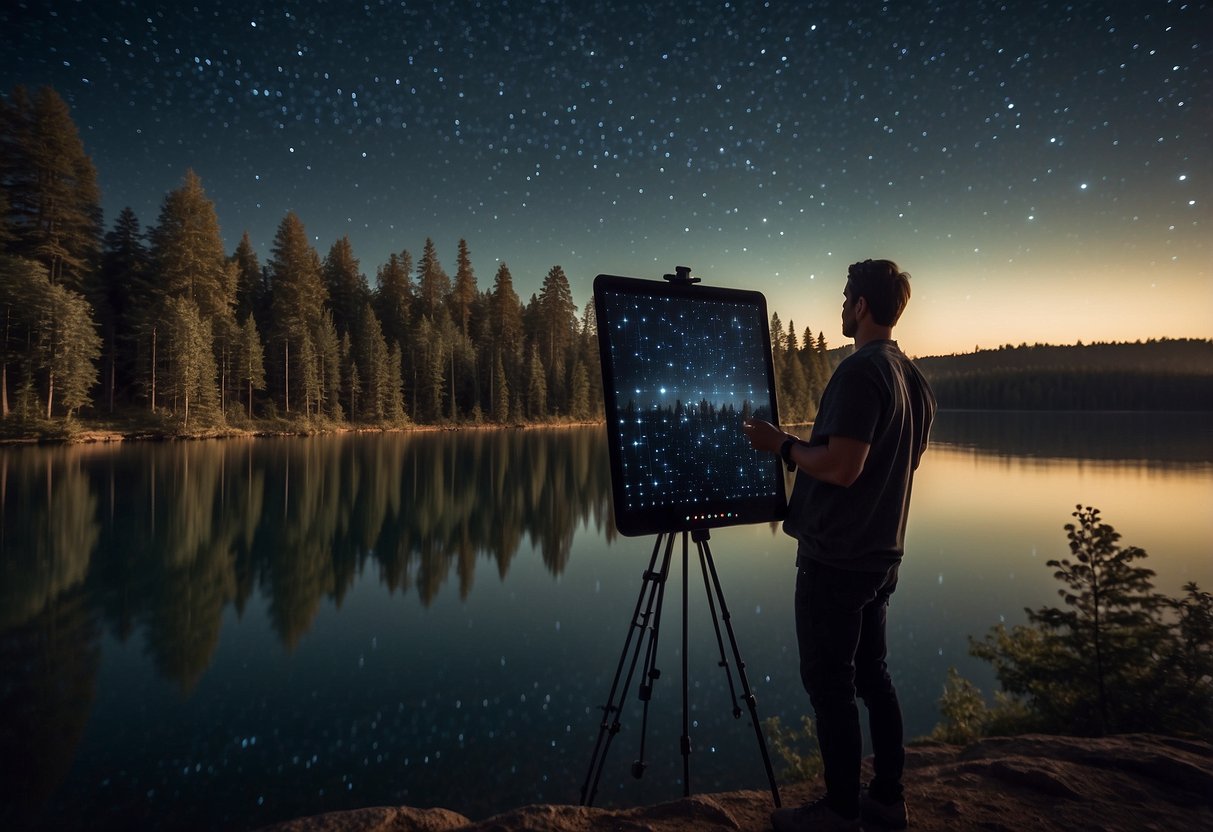 A person uses a star chart app near a calm body of water, surrounded by trees. The night sky is clear, with stars reflecting on the water's surface