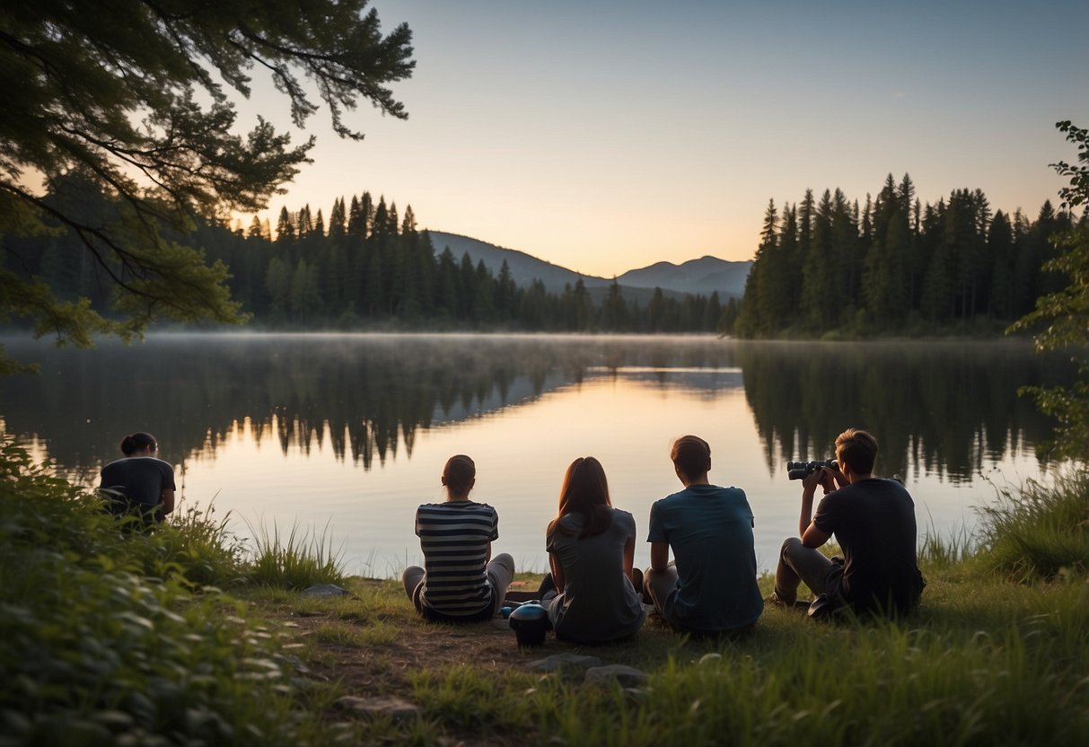 A group of friends gathers by a tranquil lake, surrounded by lush trees. They unpack bug spray and set up telescopes, ready for a night of stargazing