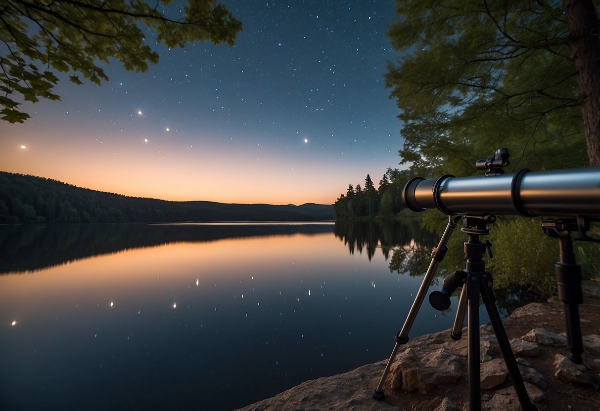 A serene lakeside with a clear night sky, surrounded by trees and a calm, reflective water surface. A telescope and stargazing guidebook lay nearby