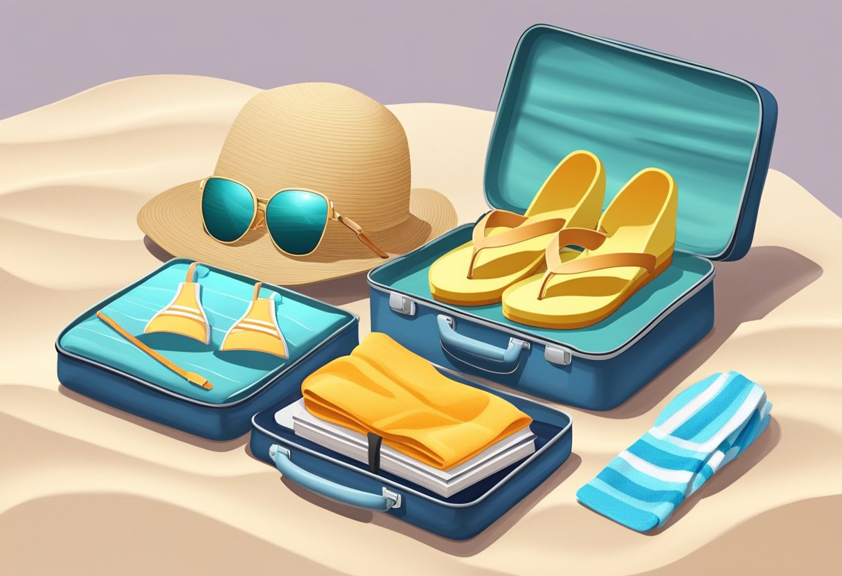A small suitcase with swimwear, sunscreen, and a towel. A pair of flip-flops and a book lie next to it