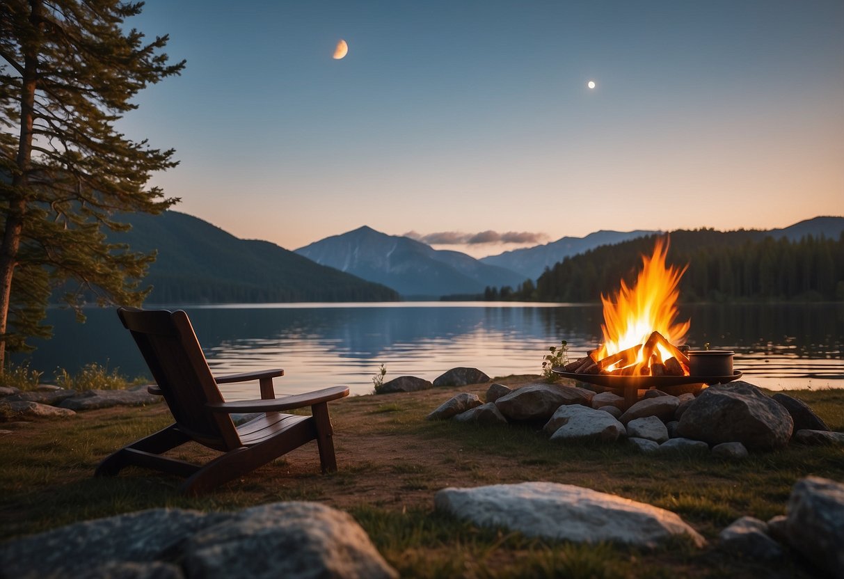 A tranquil lakeside with clear skies, a telescope set up on the shore, a cozy blanket laid out, and a small campfire crackling nearby