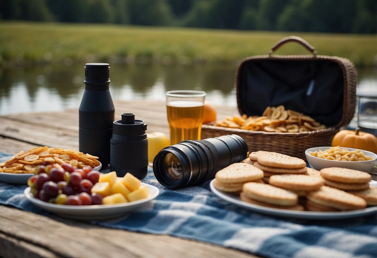 A picnic blanket laid out by the water, surrounded by snacks and drinks. A telescope and binoculars sit nearby, ready for stargazing