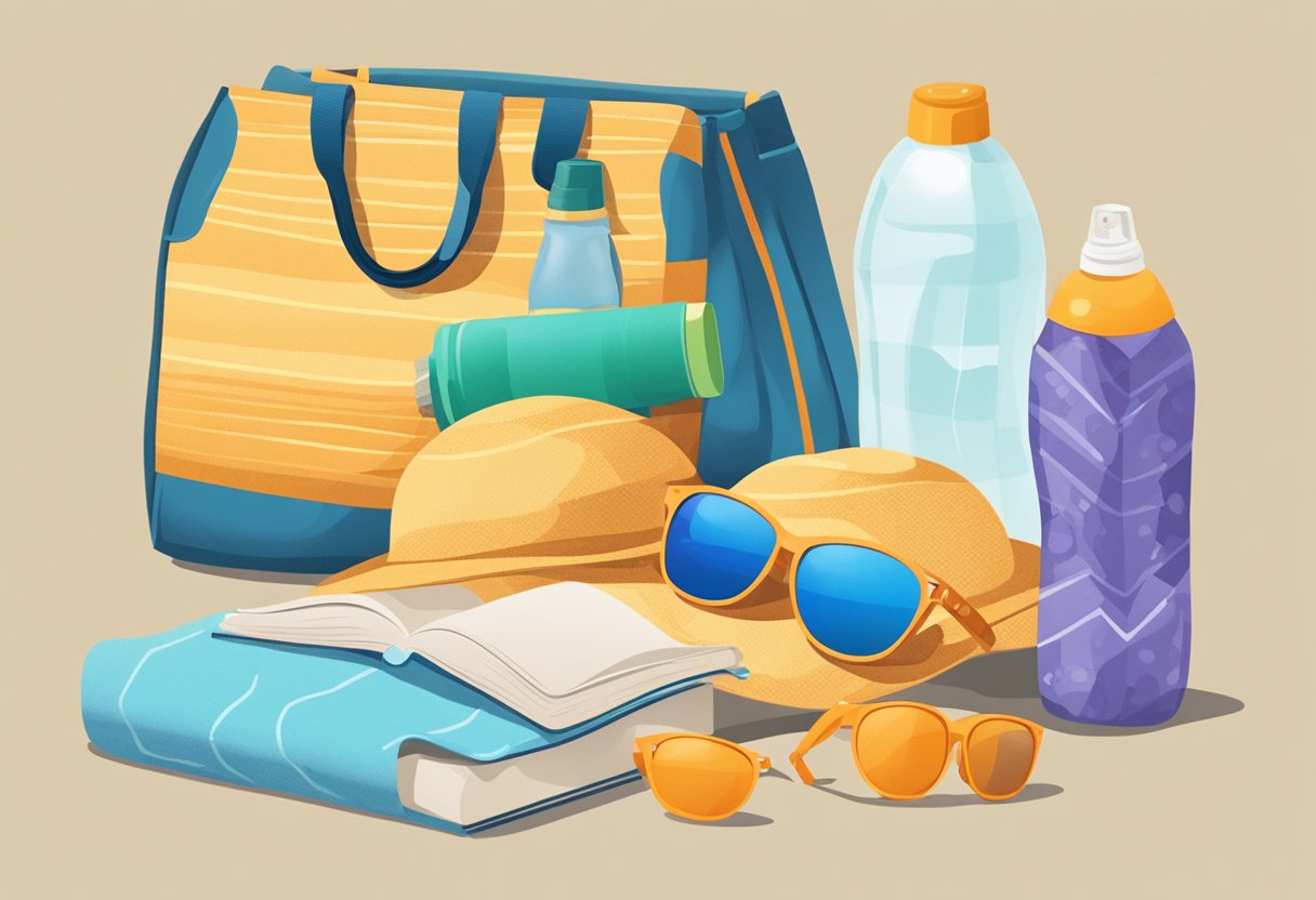 A beach bag sits open, filled with only the essentials: sunscreen, a book, and a water bottle. A towel and sunglasses lay nearby