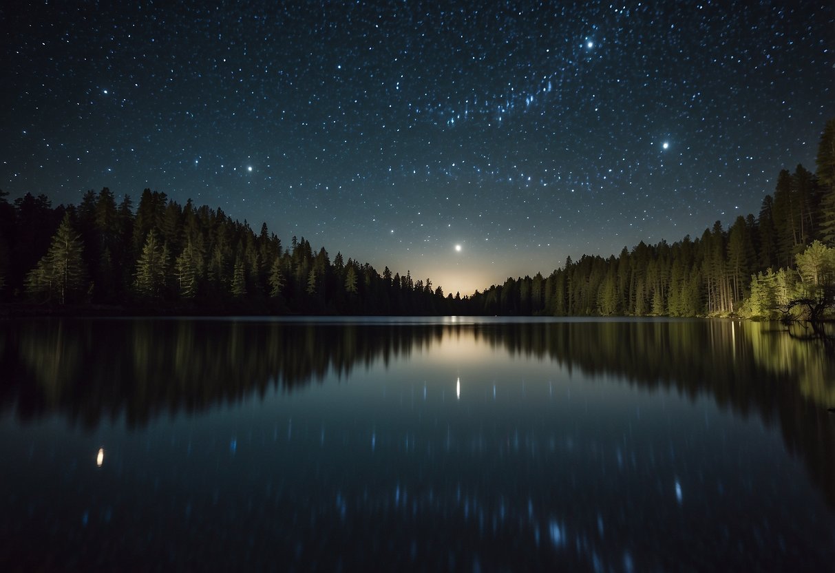 A clear night sky above a tranquil body of water, with stars twinkling brightly and reflecting off the calm surface. Surrounding trees and vegetation frame the scene, creating a peaceful and serene atmosphere for stargazing