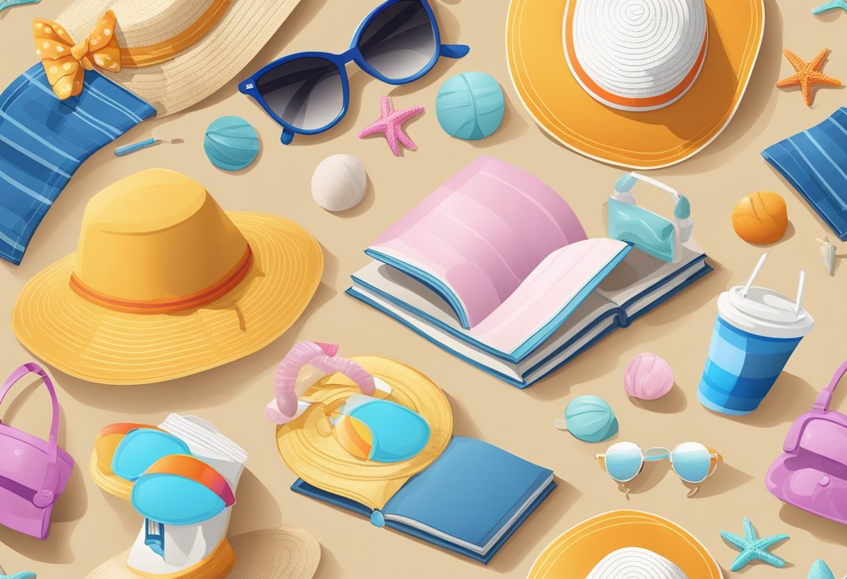 Scene: Beach essentials laid out on sand - sun hat, sunglasses, sunscreen, flip flops, towel, swimsuit, and a book