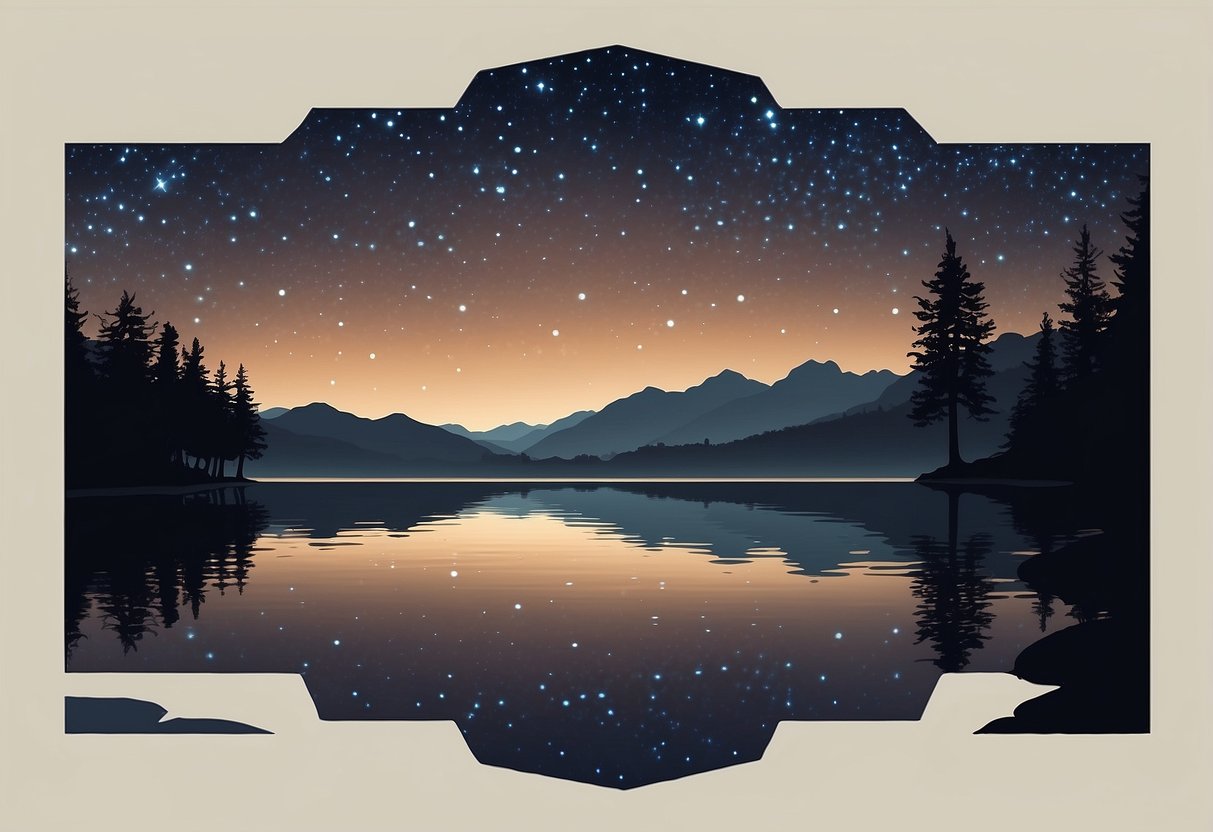 A serene lake reflects the starry night sky, creating a peaceful atmosphere. The sound of gentle waves adds to the tranquility, making it an ideal spot for stargazing