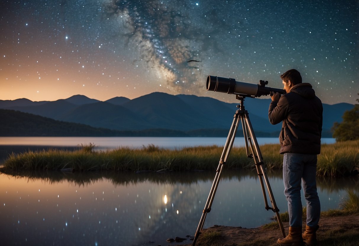 A calm lake reflecting the starry night sky, with a person setting up a telescope on the shore. A sign nearby lists safety tips for stargazing near water