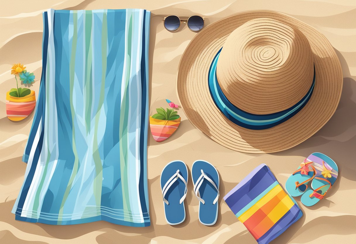 A pair of sandals and flip-flops neatly arranged next to a sun hat and sunglasses on a sandy beach, with a colorful beach towel in the background