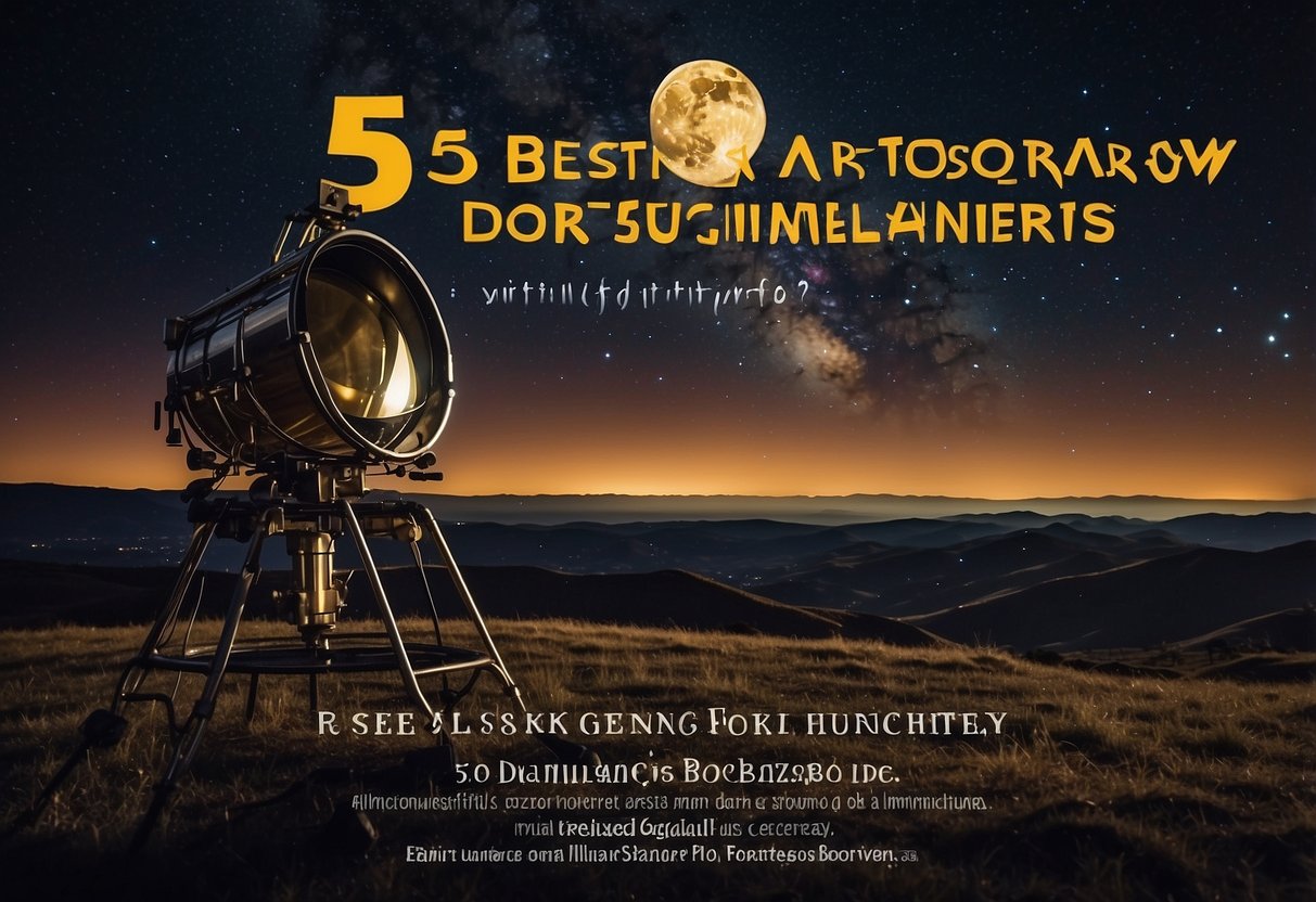 Bright stars shine in a dark sky. Telescopes point upwards. A glowing moon illuminates the scene. Planets and galaxies fill the night. Text reads "5 Best Astronomy Documentaries for Stargazing Enthusiasts."