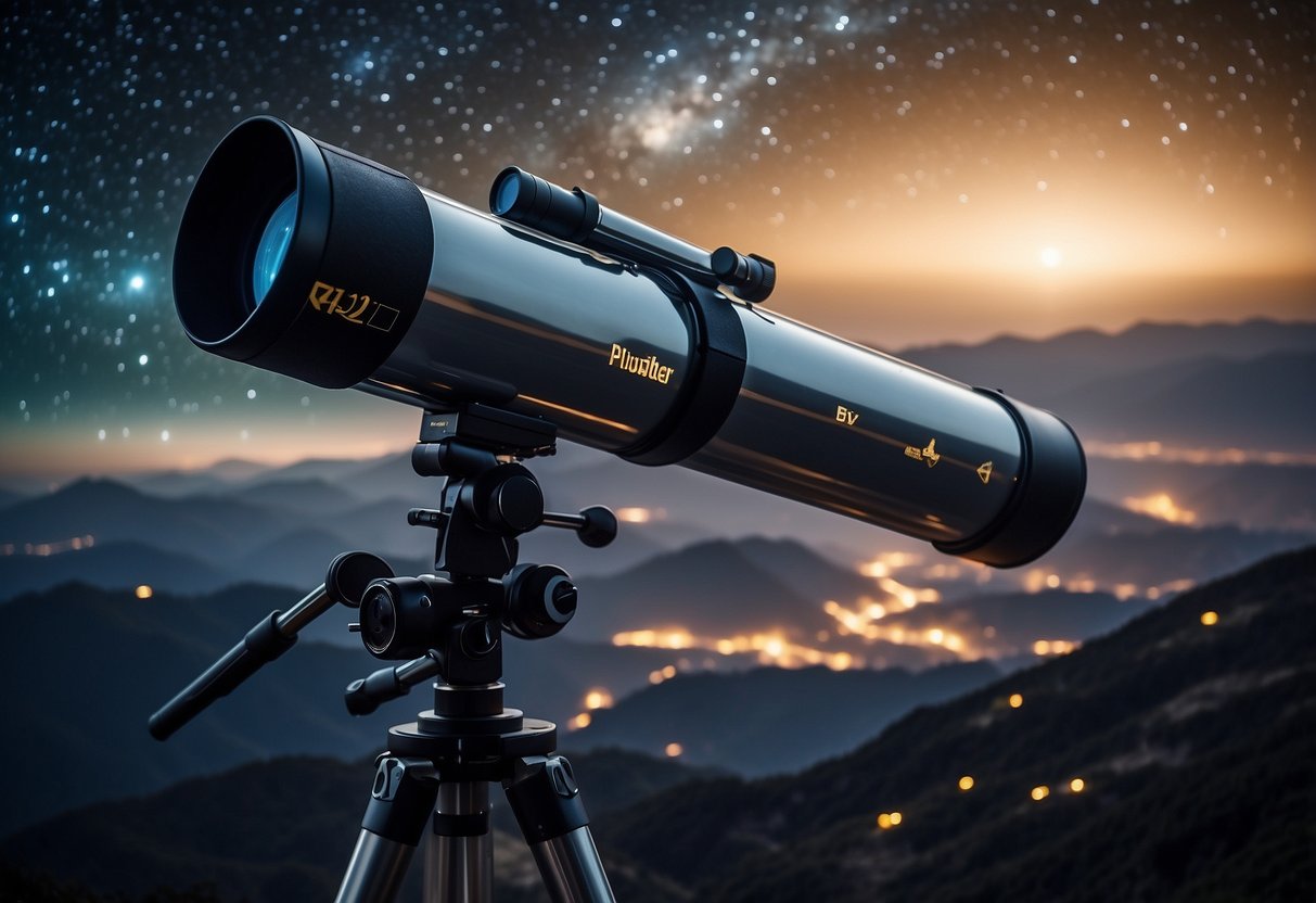 A night sky filled with twinkling stars and galaxies, with a telescope and astronomy documentaries displayed on a screen