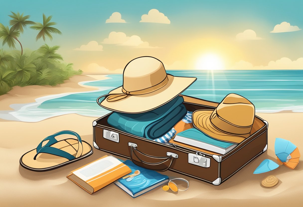 A small suitcase filled with a few clothing items, a pair of sandals, a sun hat, and a book, sitting on a sandy beach with waves in the background