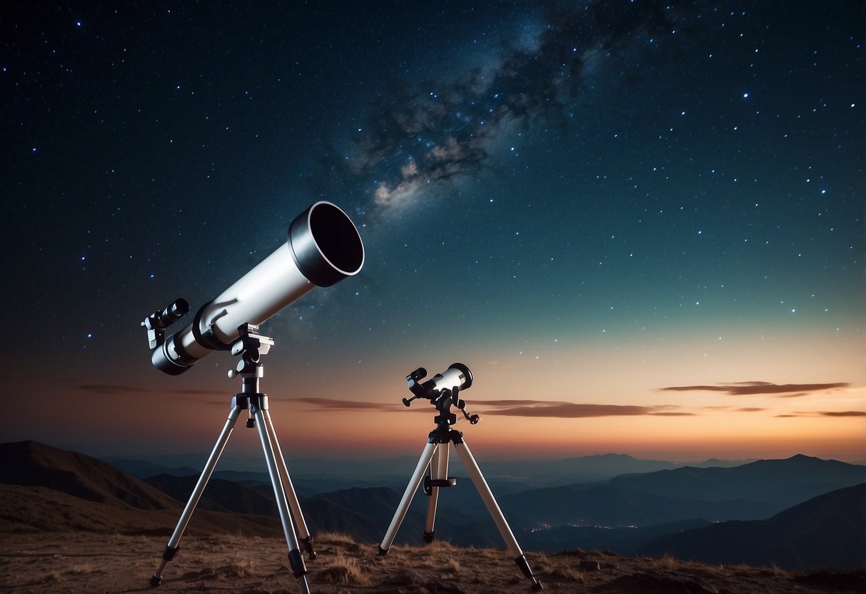 The night sky filled with twinkling stars, a telescope pointed towards the heavens, and a glowing planet Earth in the background