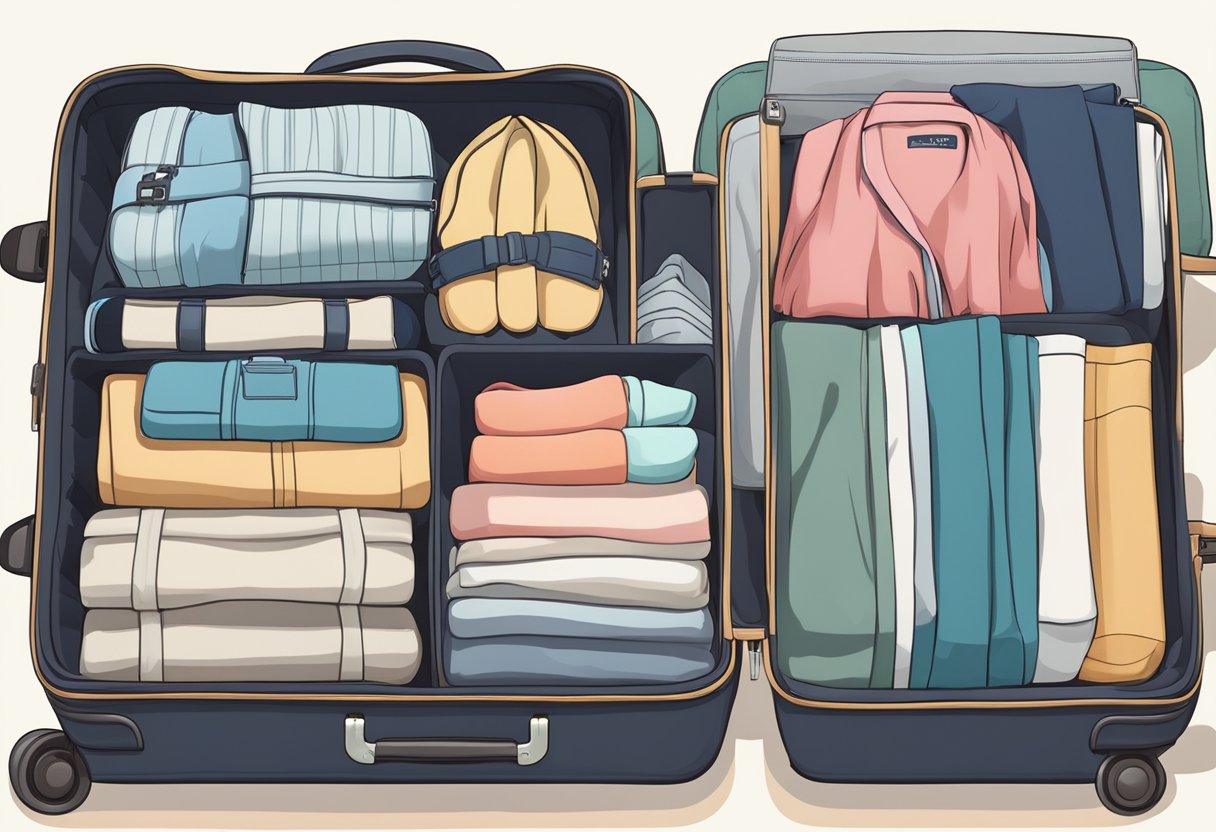 A suitcase with neatly folded clothes and organized packing cubes for a beach vacation